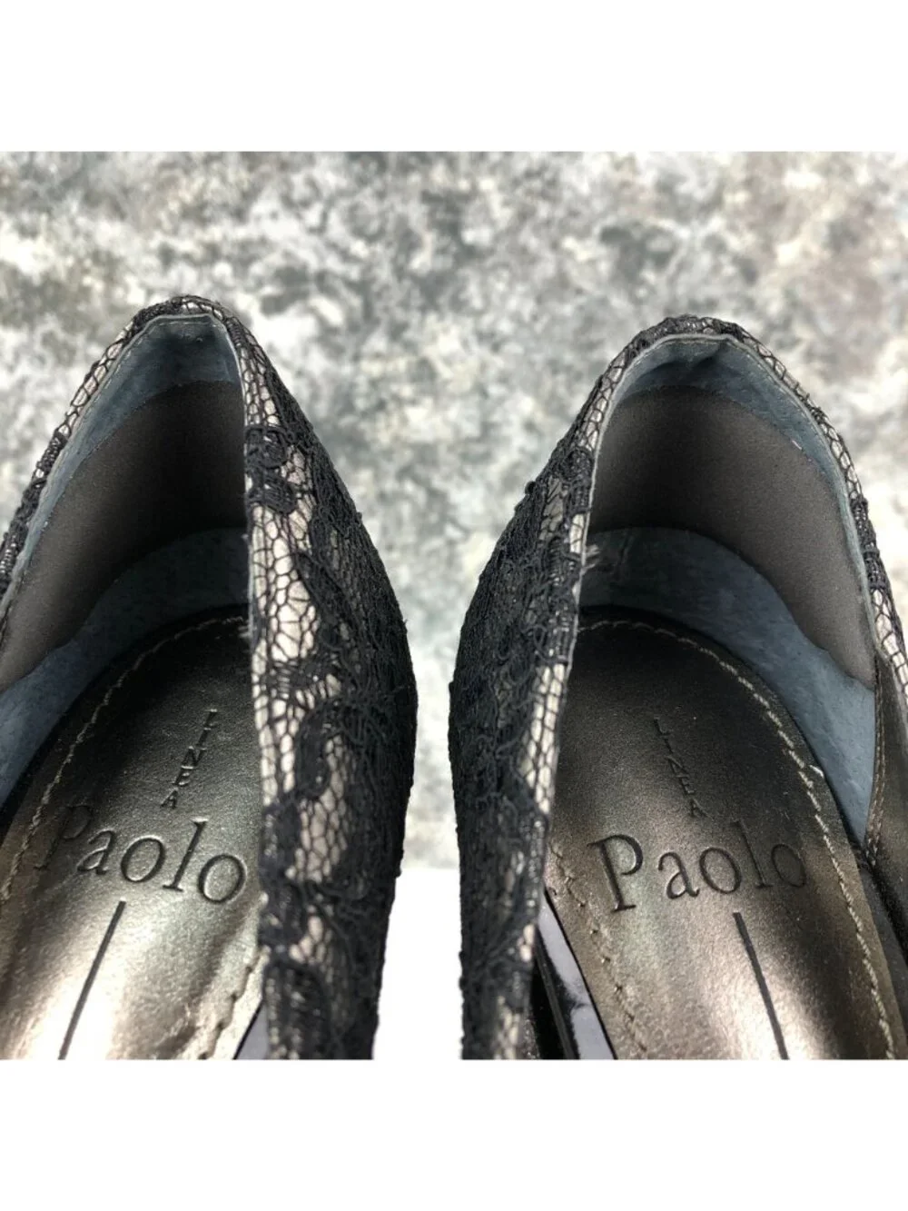 Linea Paolo Women's Size 7.5M Black Floral Lace Peep Toe High Heel Pumps Heels